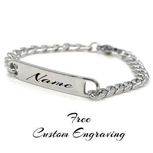 Silver bracelet with personalized name plate.